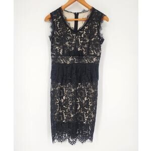 Metisu Black Lace Overlay Sheath Dress with Ruffle & Bow Women’s Size Small